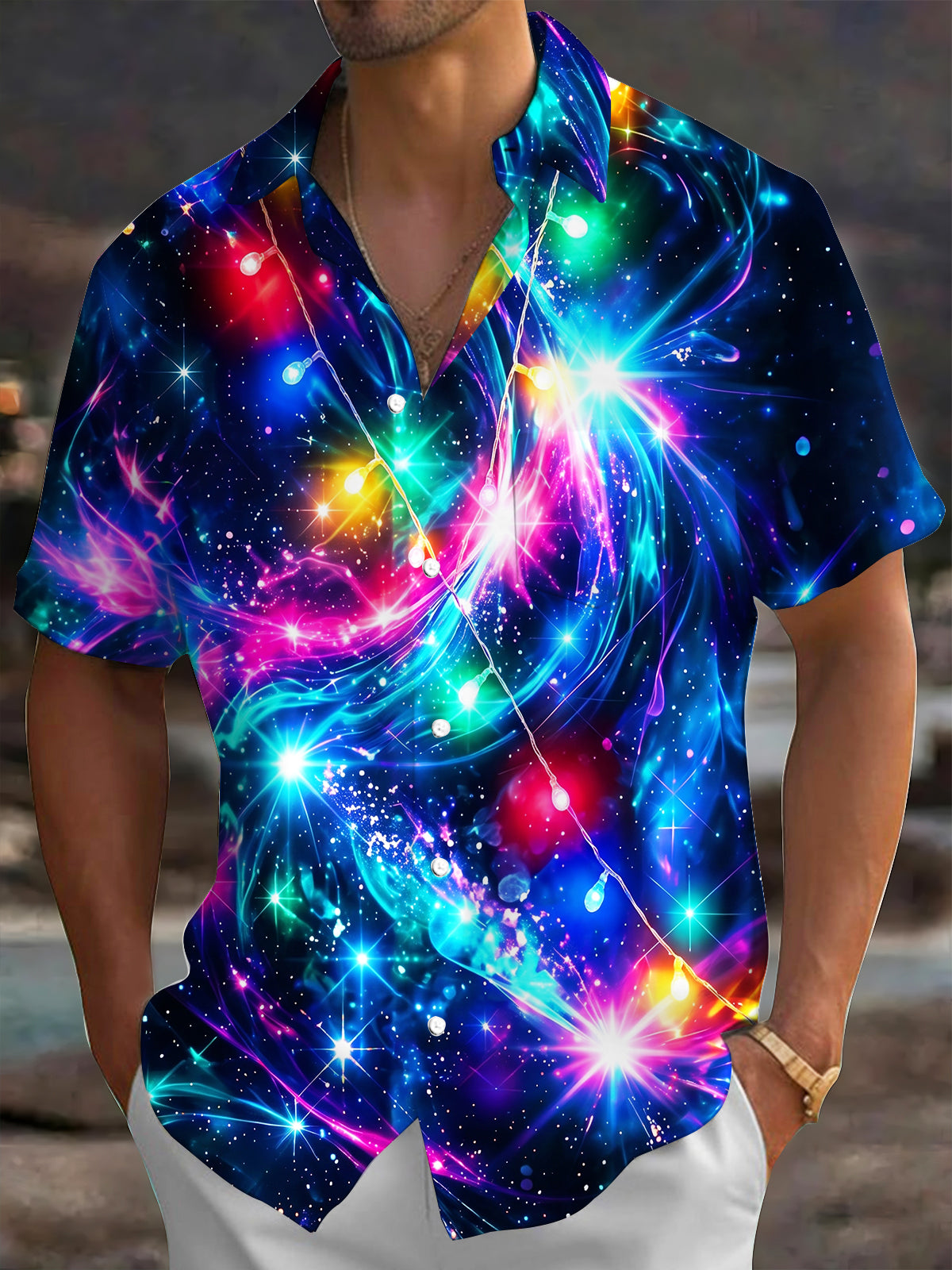 Oceanlyte Men's Hawaiian Galaxy Nebula Print Short Sleeve Shirt with Chest Pocket