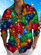 Oceanlyte Men's Christmas Gemstones And Pine Branches Print Long Sleeve Shirt with Chest Pocket