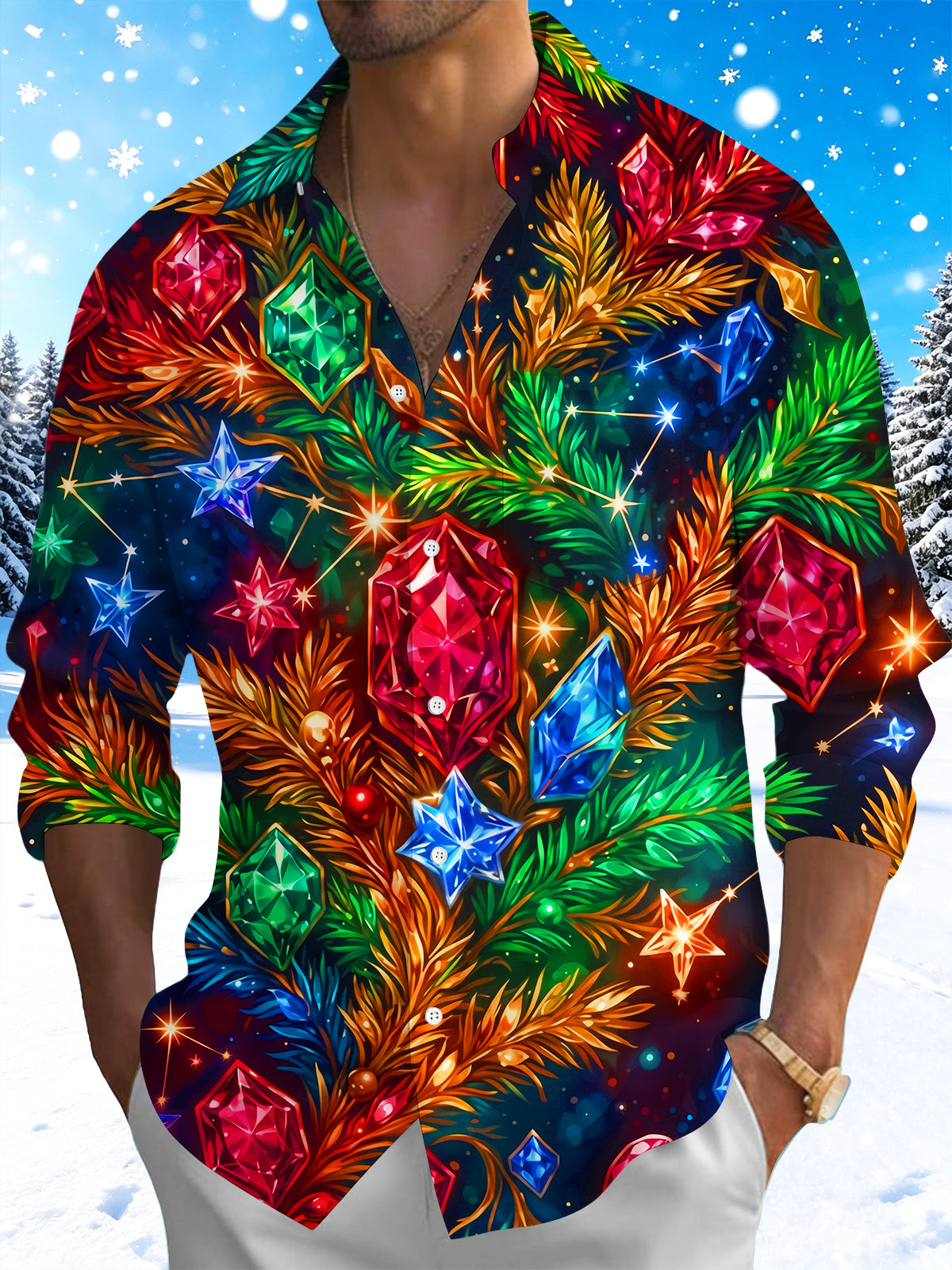 Oceanlyte Men's Christmas Gemstones And Pine Branches Print Long Sleeve Shirt with Chest Pocket