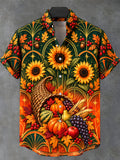 Oceanlyte Men's Short Sleeve Stand Collar Shirt - Thanksgiving Day Sunflowers And Cornucopia With Autumn Harvest Print with Chest Pocket