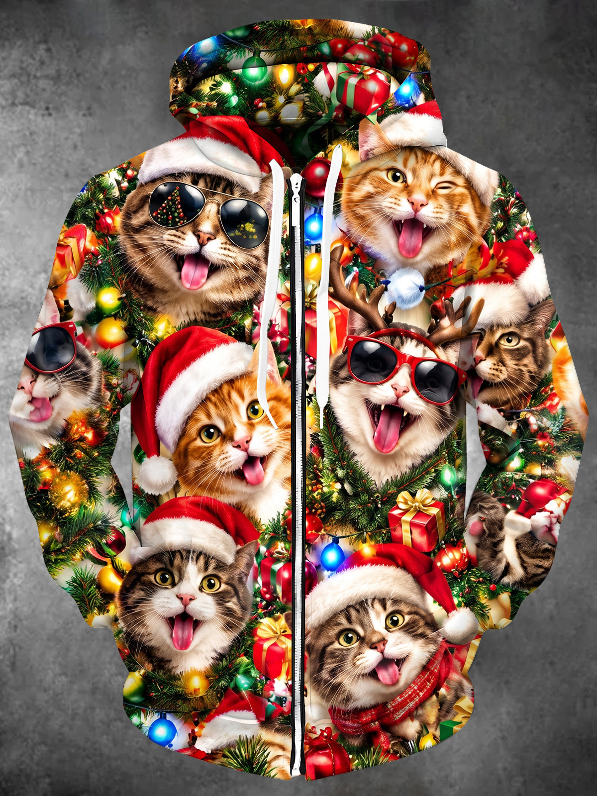 Oceanlyte Men's Long Sleeve Zip-Up Hoodie - Christmas Cats With Santa Hats And Reindeer Antlers Print with Kangaroo Pocket