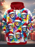Oceanlyte Men's Graphic Rainbow Cats With Santa Hats Print Long Sleeve Hoodie