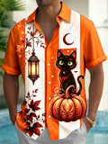Oceanlyte Men's Graphic Halloween Black Cat And Pumpkin Print Short Sleeve Shirt with Chest Pocket