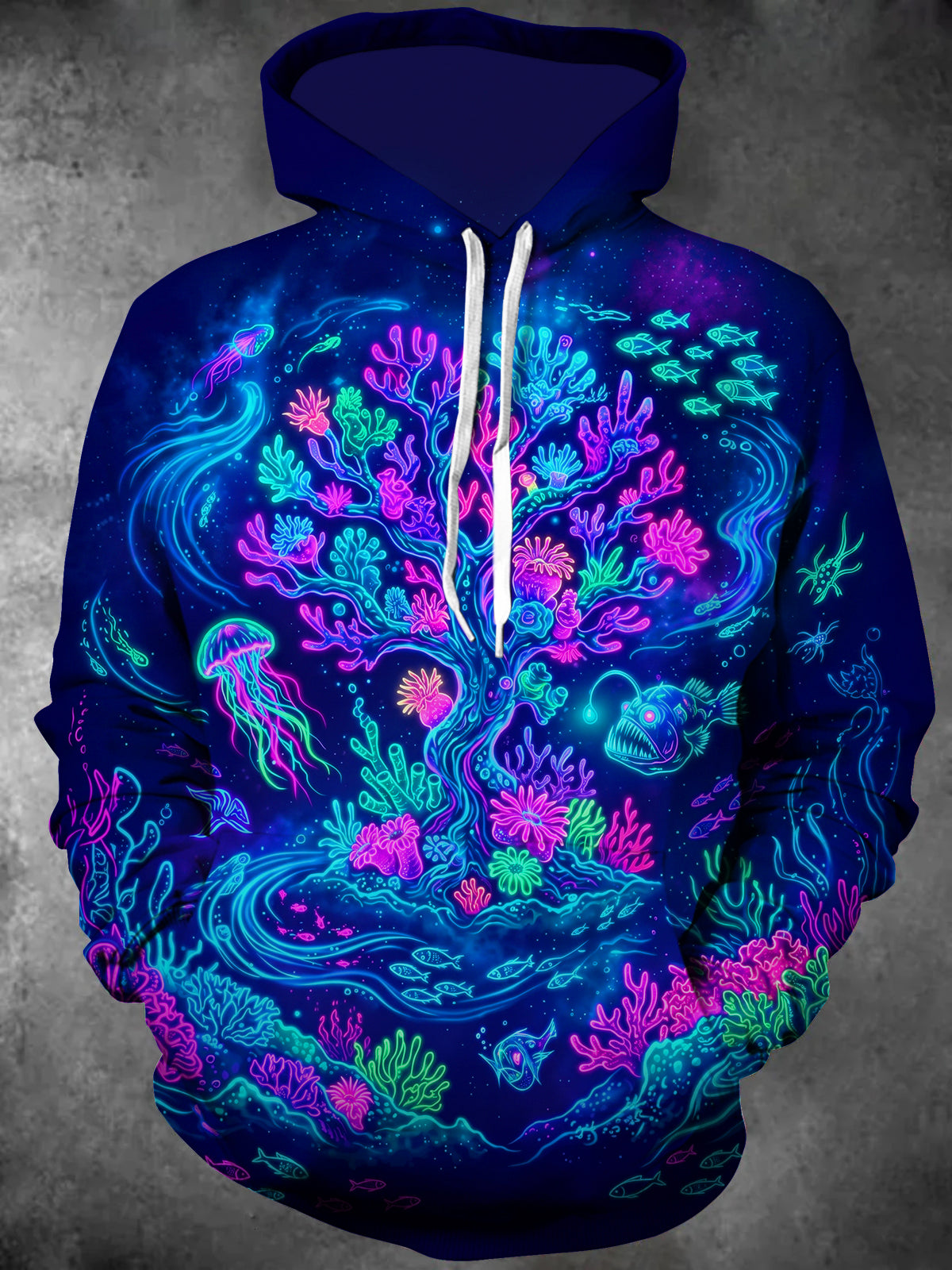 Oceanlyte Men's Neon Deep Sea Coral Reef And Jellyfish Print Long Sleeve Hoodie