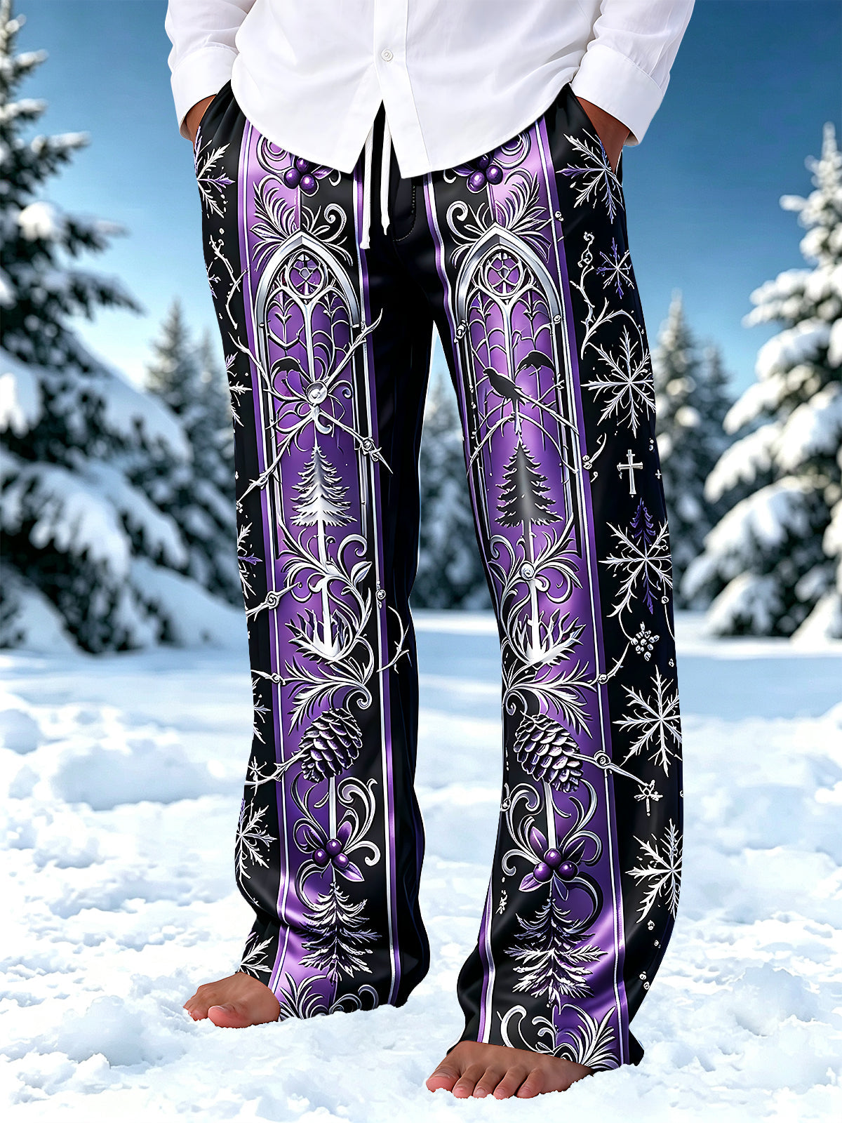 Oceanlyte Men's Graphic Gothic Arches With Pine Trees And Snowflakes Print Pants