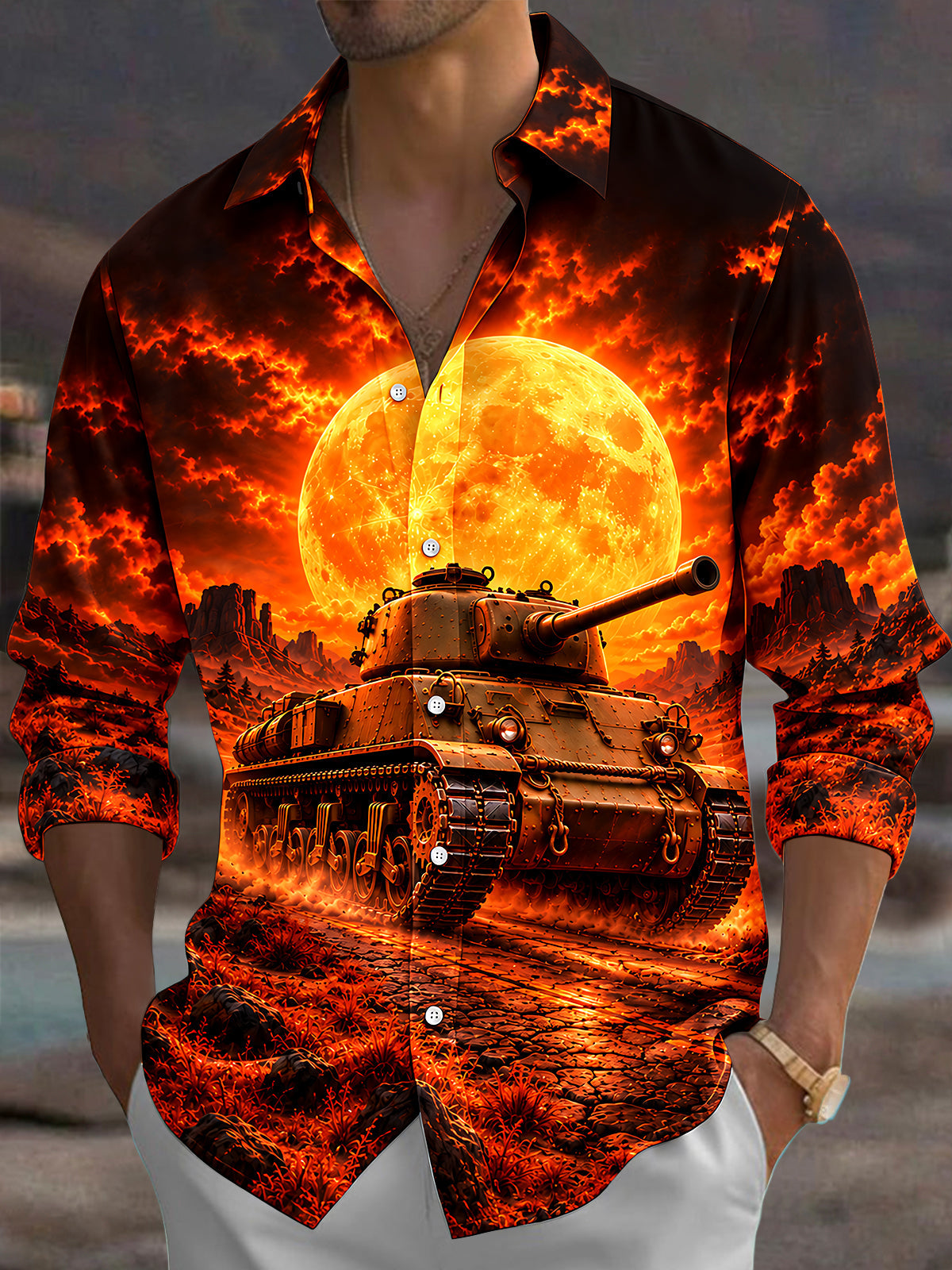 Oceanlyte Men's Long Sleeve Shirt - The "Desert Fury" Graphic Tank And Fiery Landscape Print with Chest Pocket