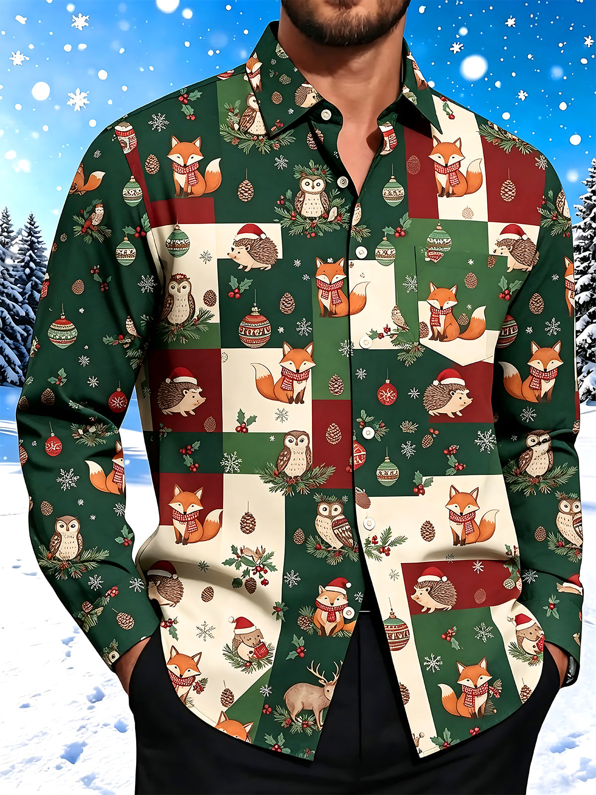 Oceanlyte Men's Forest Animals And Christmas Ornaments Print Long Sleeve Shirt with Chest Pocket