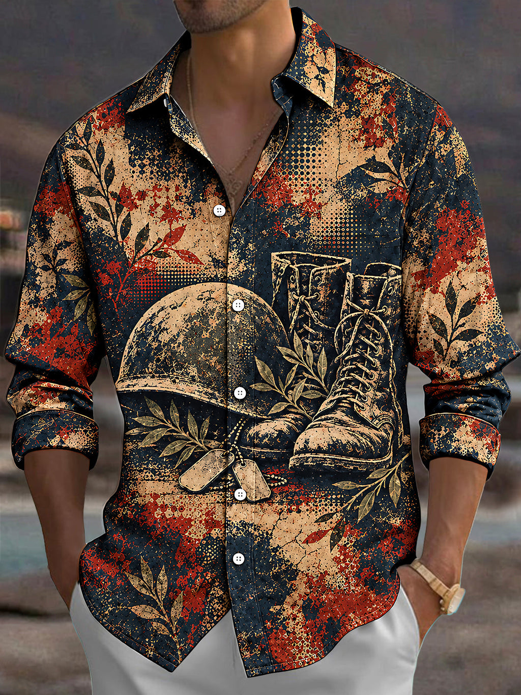 Oceanlyte Men's Long Sleeve Shirt - The "Echoes of Vimy" Military Helmet Boots And Dog Tags With Laurel Leaves Print with Chest Pocket