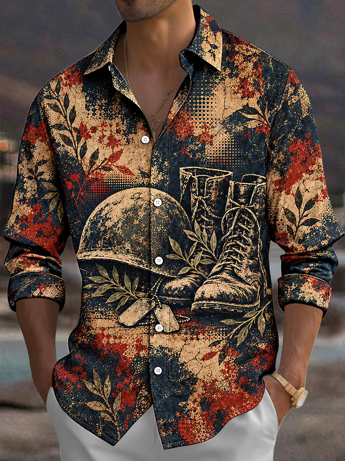 Oceanlyte Men's Long Sleeve Shirt - The "Echoes of Vimy" Military Helmet Boots And Dog Tags With Laurel Leaves Print with Chest Pocket