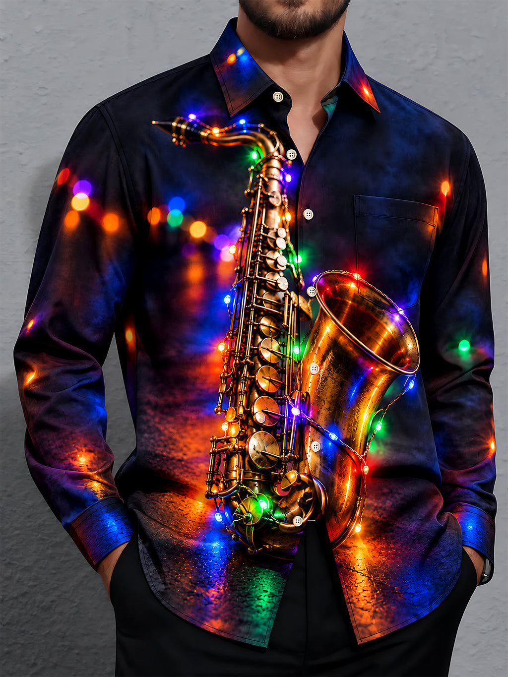 Oceanlyte Men's Saxophone And Christmas Light String Print Long Sleeve Shirt with Chest Pocket