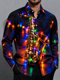 Oceanlyte Men's Saxophone And Christmas Light String Print Long Sleeve Shirt with Chest Pocket