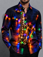 Oceanlyte Men's Saxophone And Christmas Light String Print Long Sleeve Shirt with Chest Pocket
