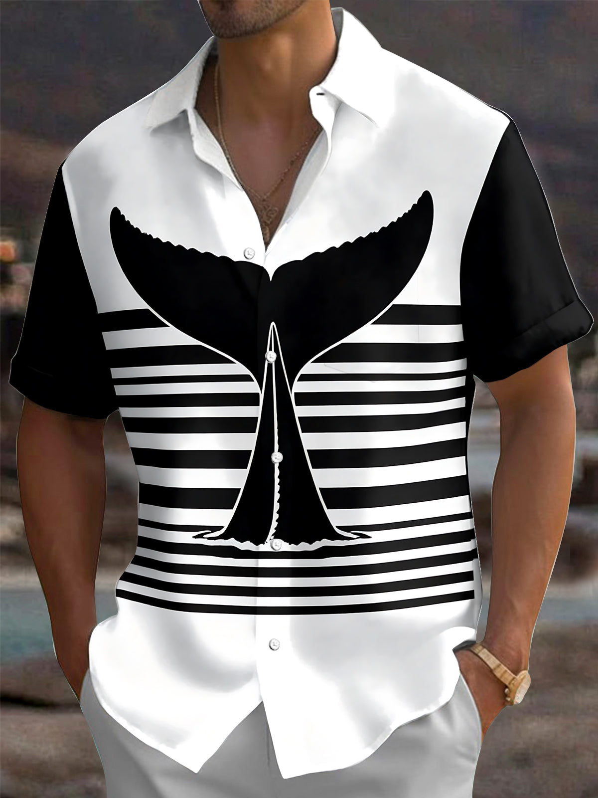 Oceanlyte Men's Striped Whale Tail And Stripes Print Short Sleeve Shirt with Chest Pocket
