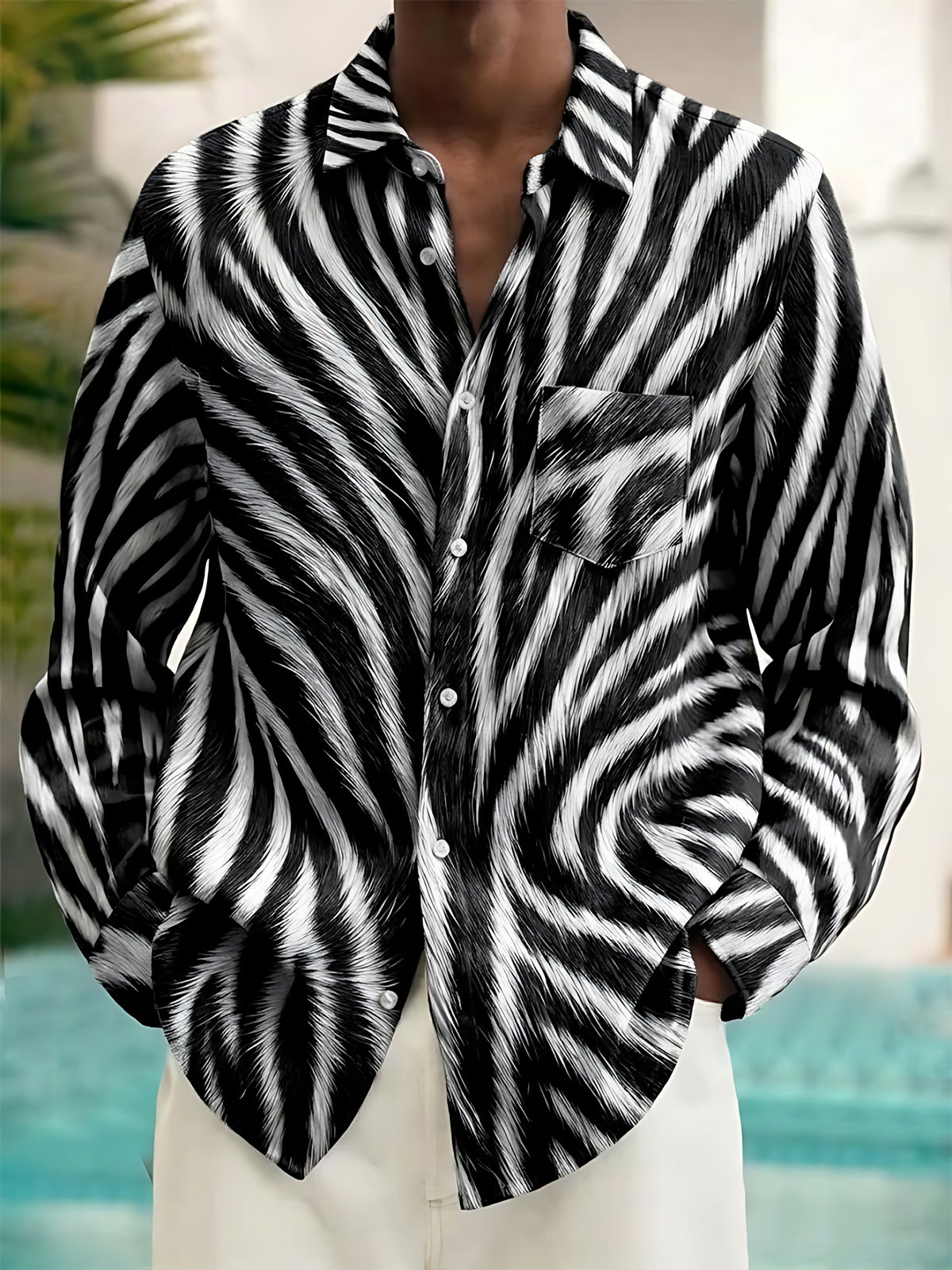 Oceanlyte Men's Patterned Zebra Animal Print Long Sleeve Shirt with Chest Pocket