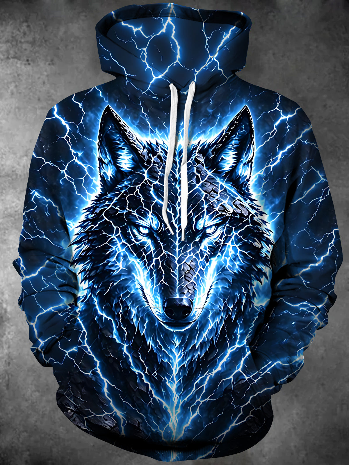 Oceanlyte Men's Long Sleeve Pullover Hoodie - Wolf Head With Lightning Cracks Print with Kangaroo Pocket