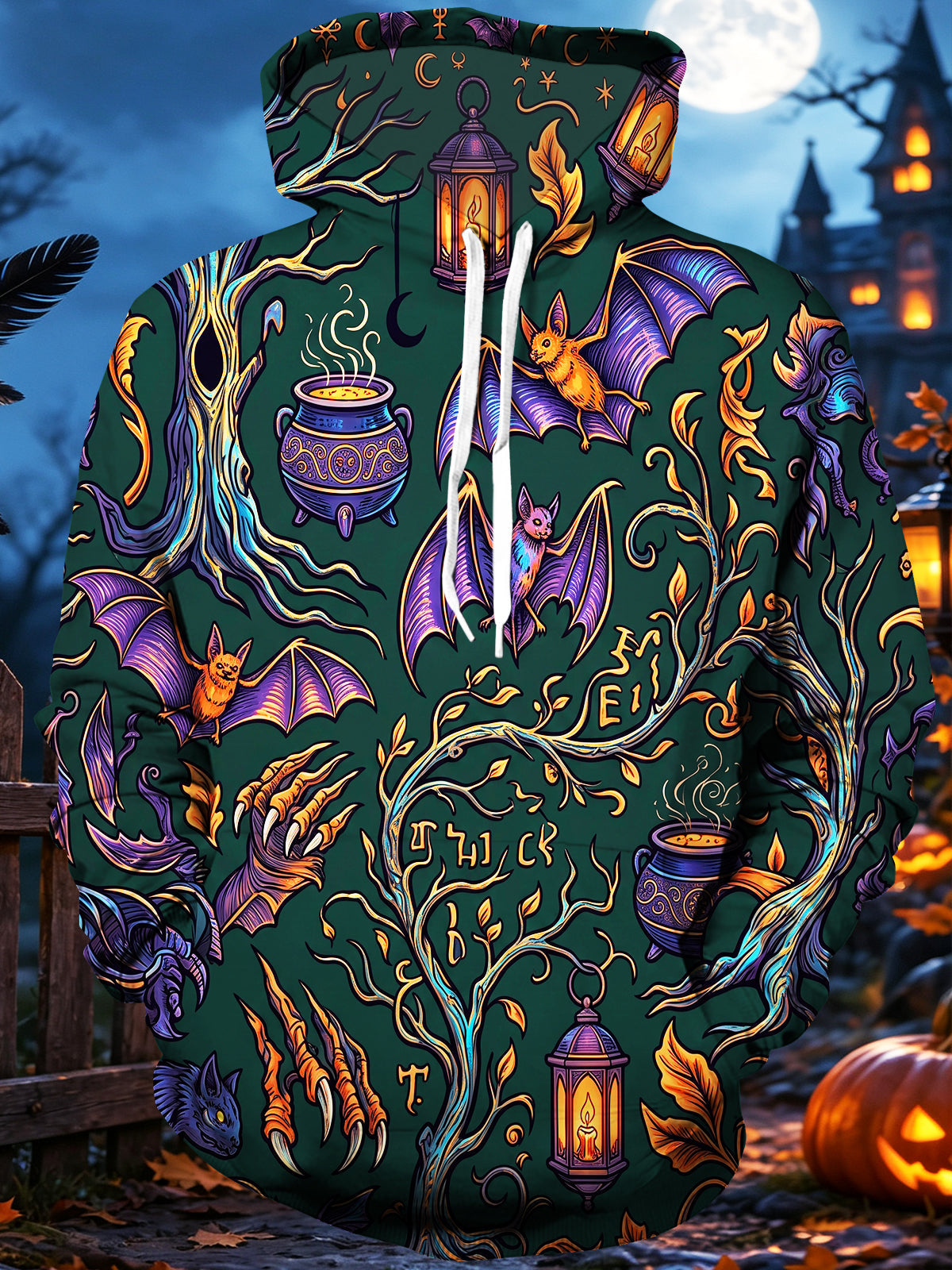 Oceanlyte Men's Long Sleeve Hoodie - Halloween Bats And Cauldrons In A Dark Forest Print