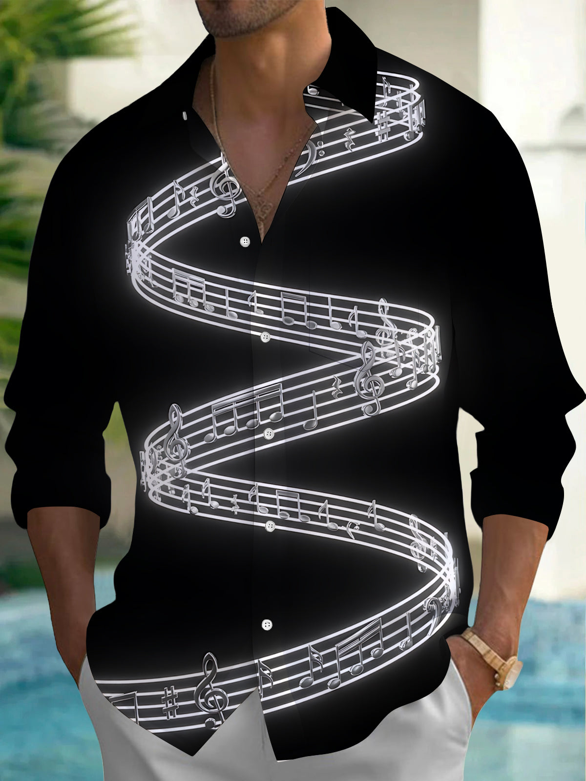 Oceanlyte Men's Printed Musical Notes And Staff Lines Print Long Sleeve Shirt with Chest Pocket