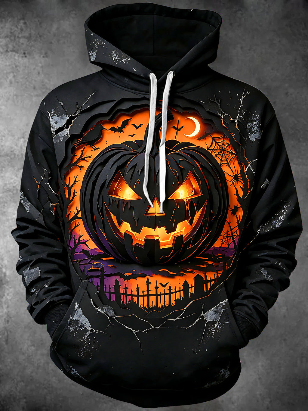 Oceanlyte Men's Long Sleeve Hoodie - Halloween Jack-o-lantern And Graveyard Scene Print