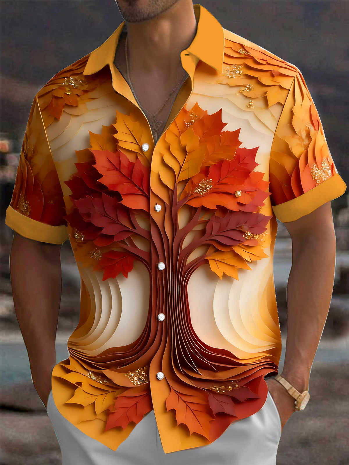 Oceanlyte Men's 3D Autumn Maple Tree Leaves Print Short Sleeve Shirt with Chest Pocket