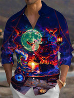 Oceanlyte Men's Long Sleeve Shirt - Ghost Pirate Ship And Bats Under Full Moon Print with Chest Pocket