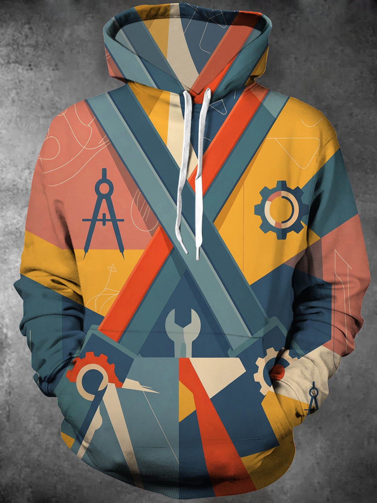 Oceanlyte Men's Patterned Geometric Engineering Tools Print Long Sleeve Hoodie