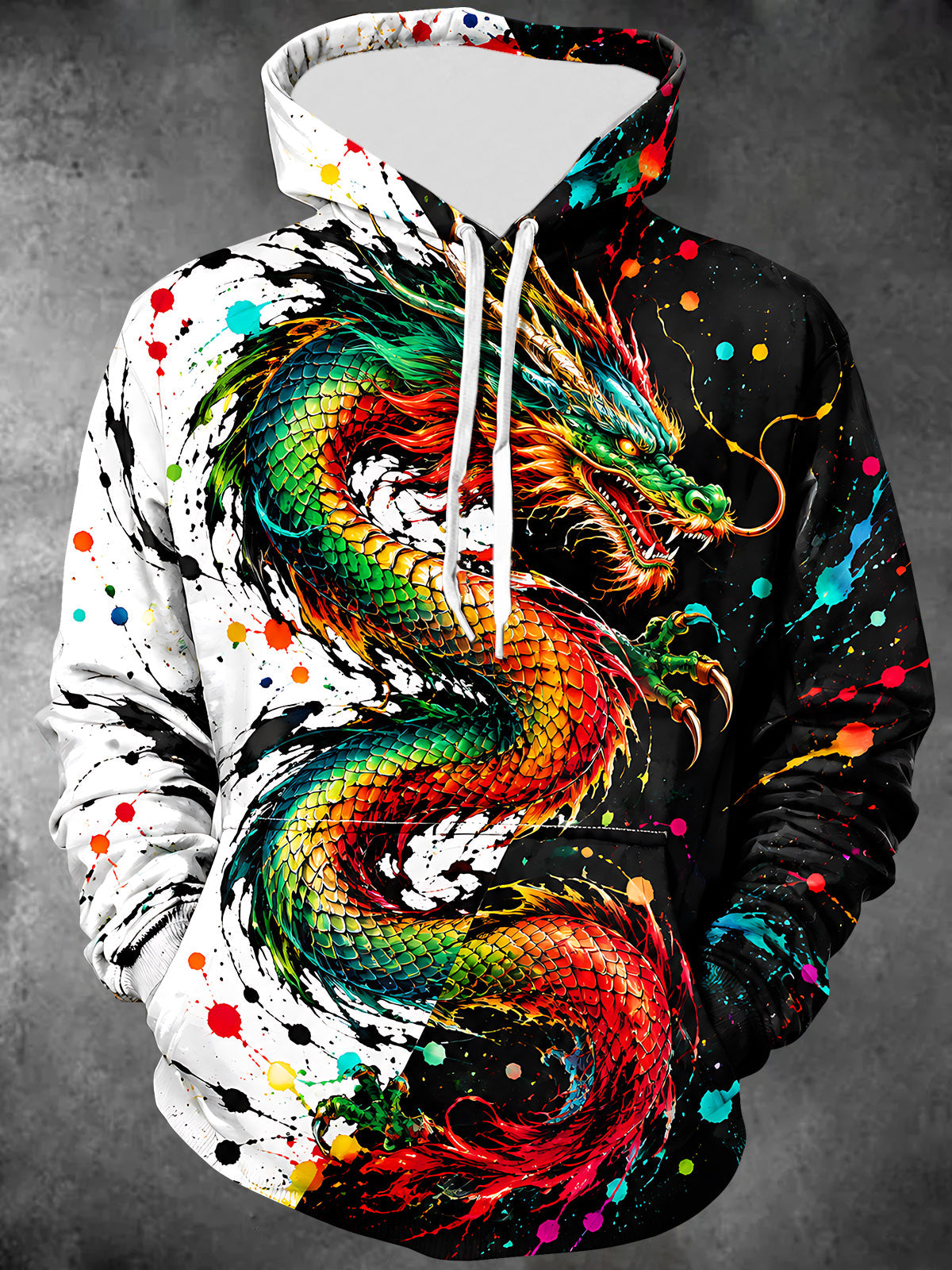 Oceanlyte Men's Colorful Dragon With Paint Splatters Print Long Sleeve Hoodie