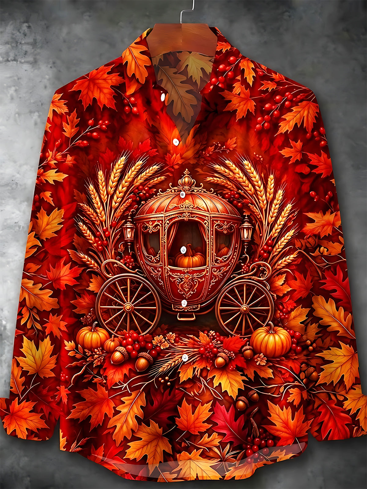 Oceanlyte Men's Autumn Carriage With Pumpkins And Leaves Print Long Sleeve Shirt with Chest Pocket