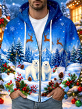 Oceanlyte Men's Long Sleeve Zip-Up Hoodie - Christmas Polar Bears And Reindeer In Snowy Forest Print with Kangaroo Pocket
