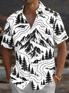 Oceanlyte Men's Short Sleeve Shirt - Mountain Landscape With Pine Trees And Topographic Lines Print with Chest Pocket