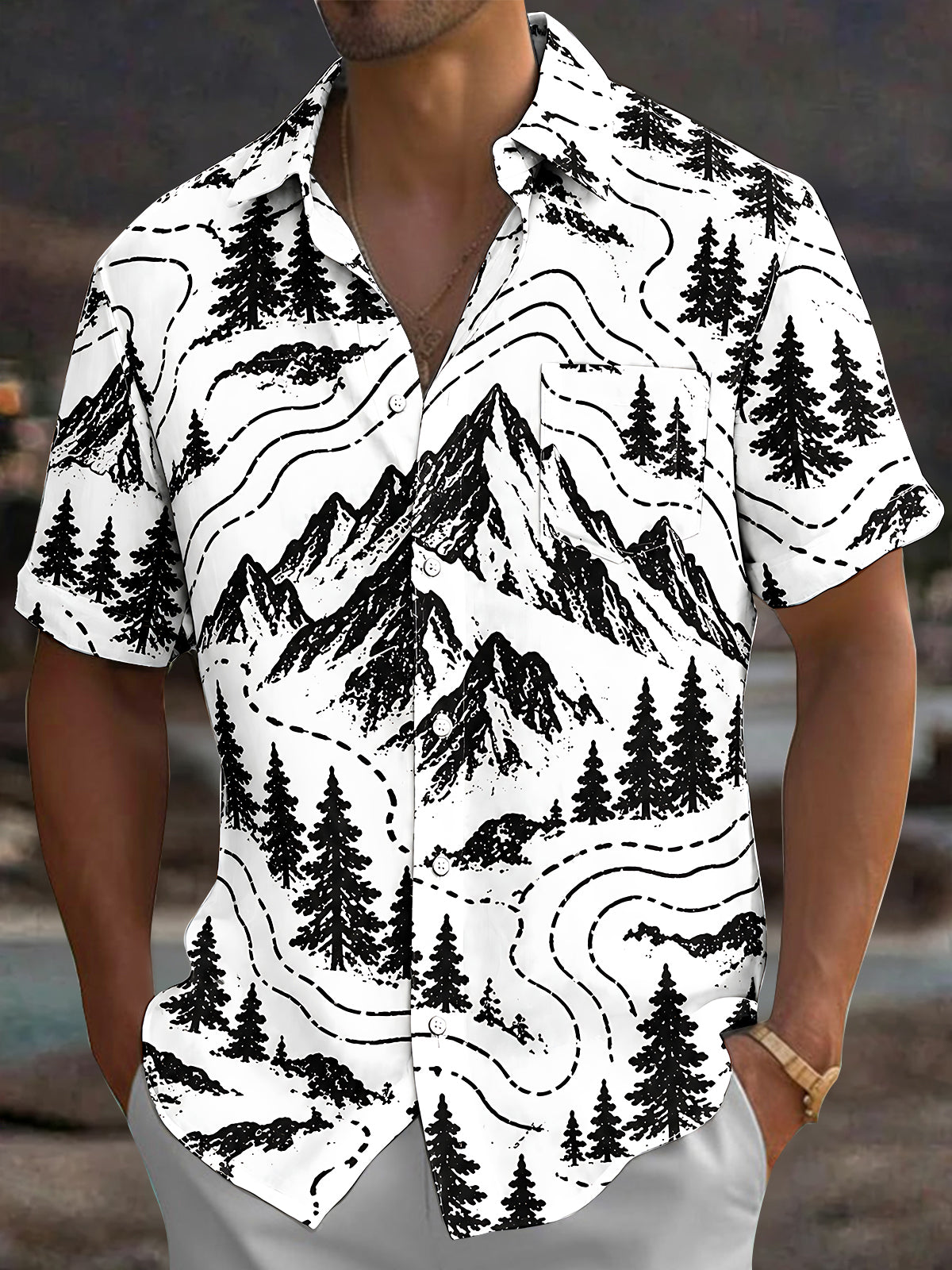 Oceanlyte Men's Short Sleeve Shirt - Mountain Landscape With Pine Trees And Topographic Lines Print with Chest Pocket