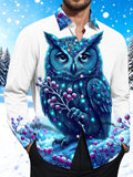 Oceanlyte Men's Graphic Blue Owl With Snowy Berries Print Long Sleeve Shirt with Chest Pocket
