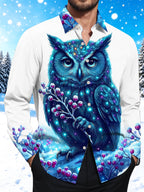 Oceanlyte Men's Graphic Blue Owl With Snowy Berries Print Long Sleeve Shirt with Chest Pocket