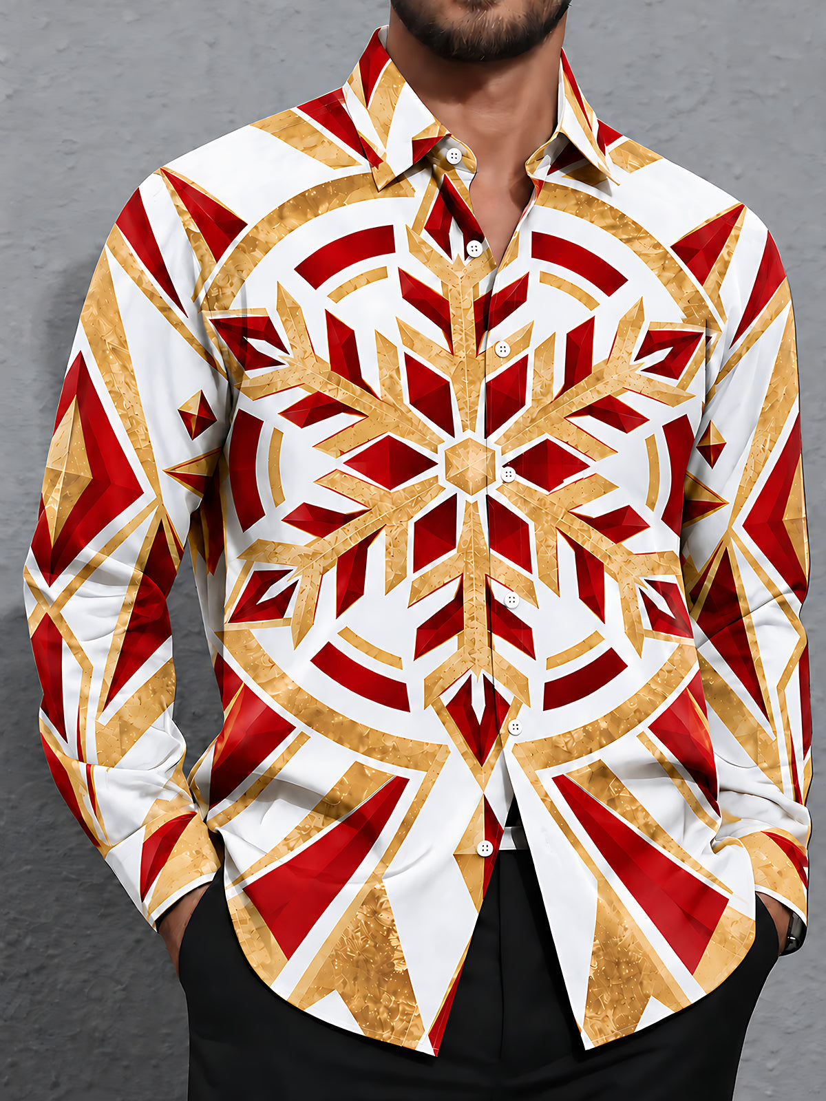 Oceanlyte Men's Printed Geometric Snowflake Pattern Long Sleeve Shirt with Chest Pocket