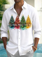 Oceanlyte Men's Long Sleeve Shirt - Watercolor Christmas Trees With Ornaments And Stars Print with Chest Pocket