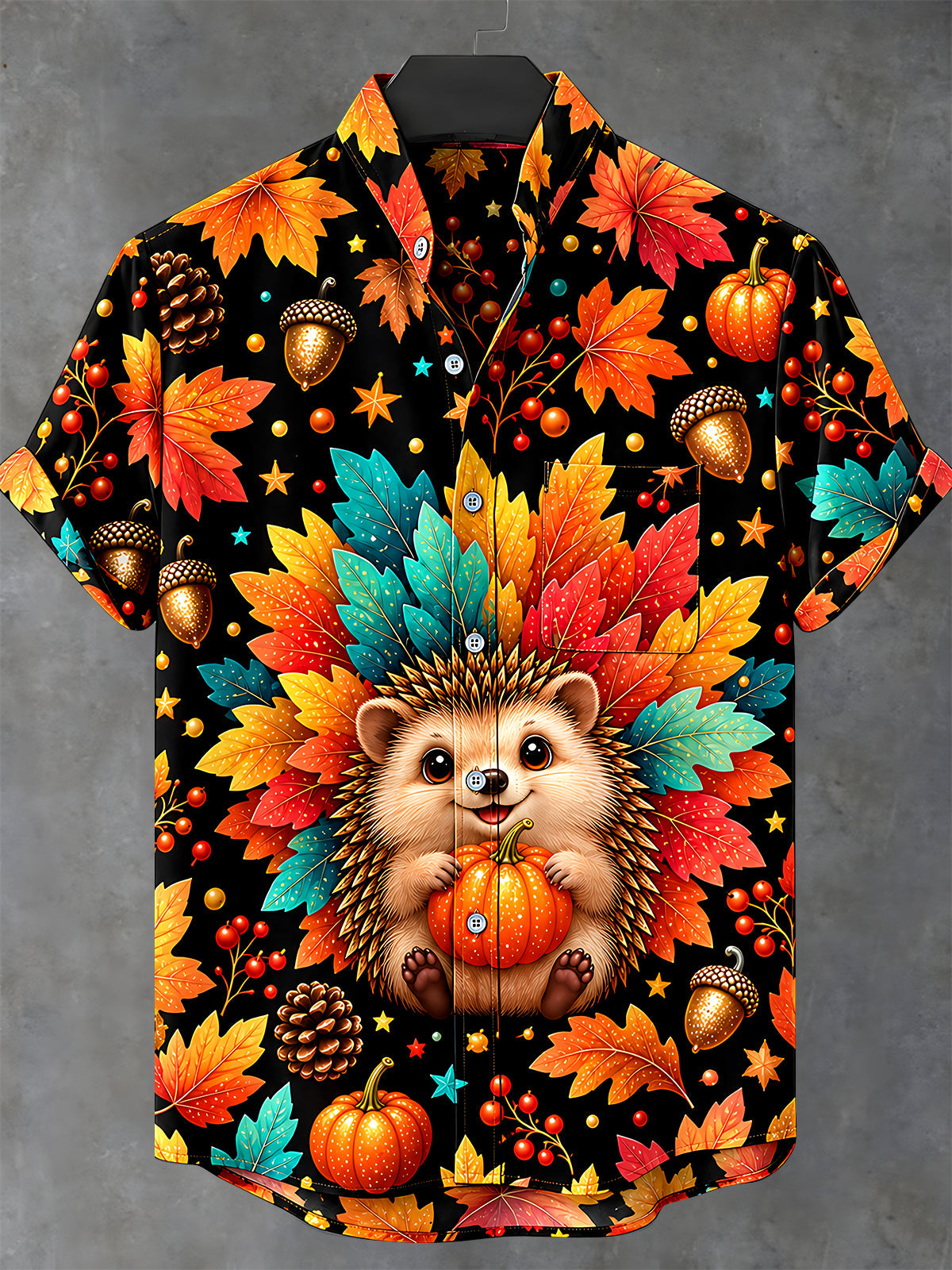 Oceanlyte Men's Short Sleeve Stand Collar Shirt - Hedgehog Holding A Pumpkin With Autumn Leaves Print with Chest Pocket