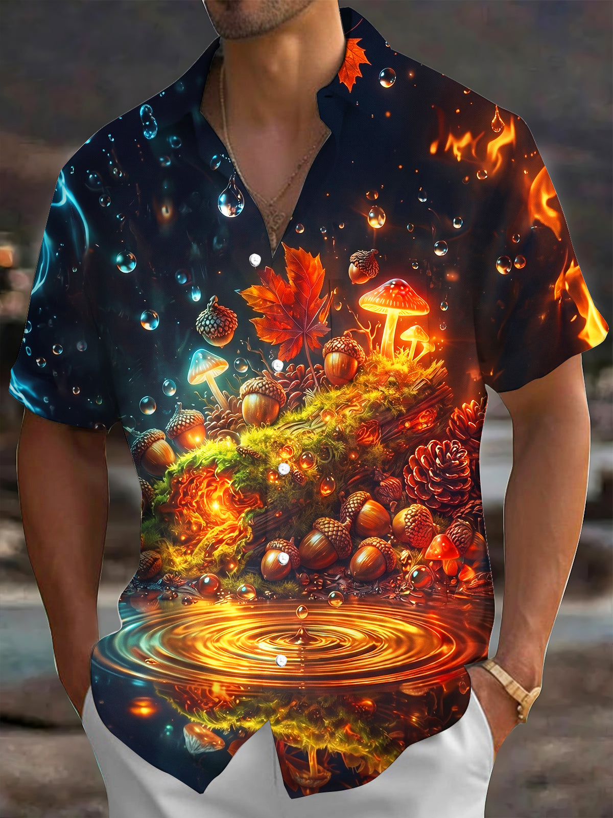 Oceanlyte Men's Autumn Forest Mushrooms And Acorns Print Short Sleeve Shirt with Chest Pocket