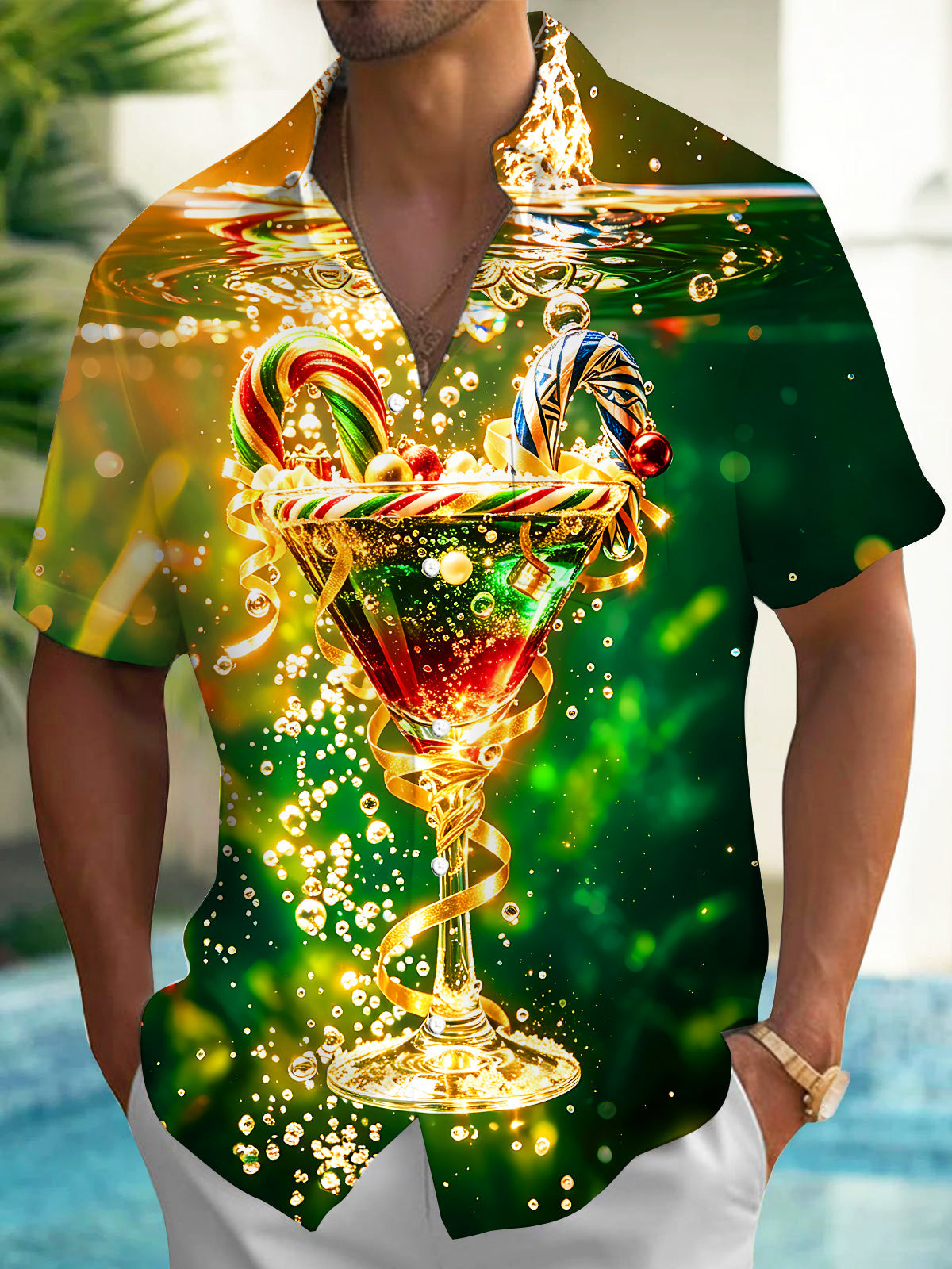Oceanlyte Men's Printed Christmas Cocktail Print Short Sleeve Shirt with Chest Pocket