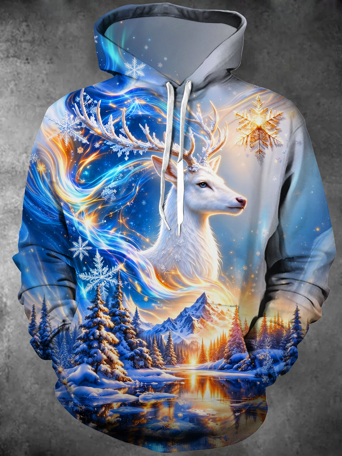 Oceanlyte Men's White Deer And Winter Forest Landscape Print Long Sleeve Hoodie