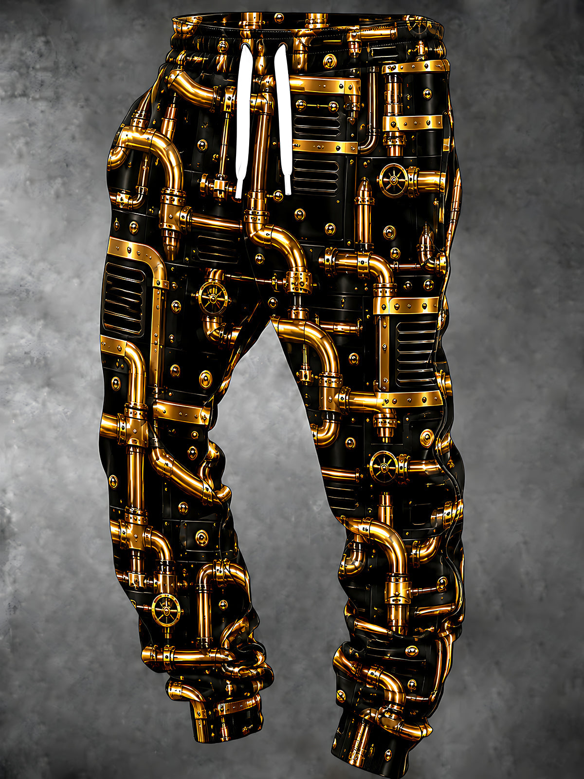 Oceanlyte Men's Retro Steampunk Gold Pipes And Mechanical Panels Print Pants