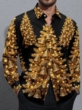 Oceanlyte Men's Long Sleeve Shirt - Golden Christmas Trees With Bells And Lights Print with Chest Pocket