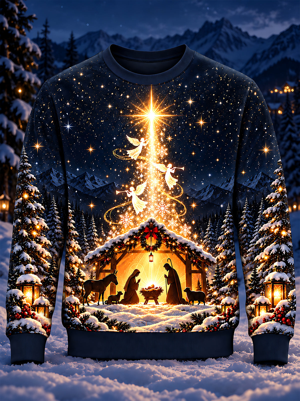Oceanlyte Men's Long Sleeve Crew Neck Sweatshirt - Nativity Scene With Angels And Star Print