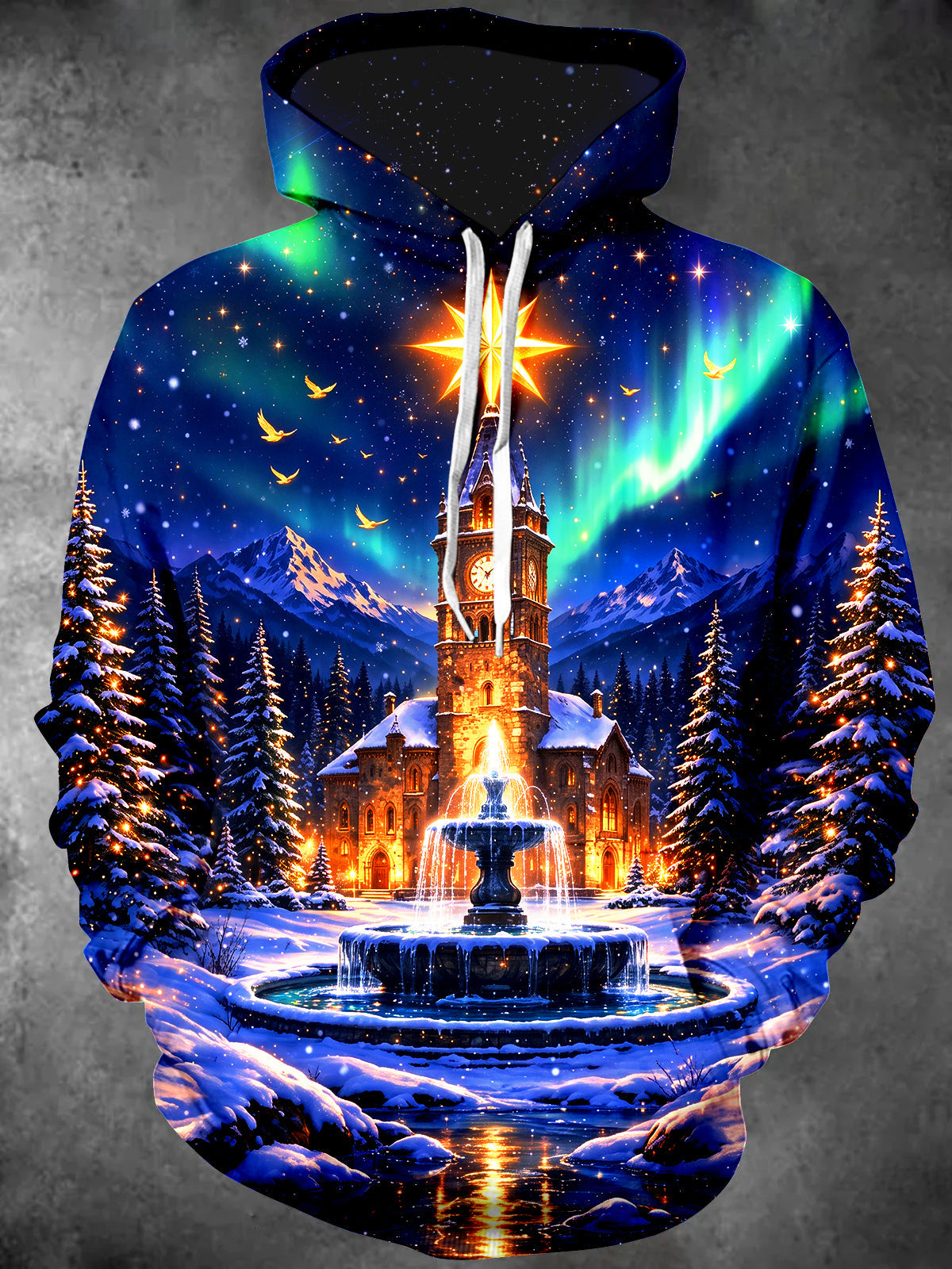 Oceanlyte Men's Long Sleeve Hoodie - Winter Mountain Clock Tower And Fountain Print