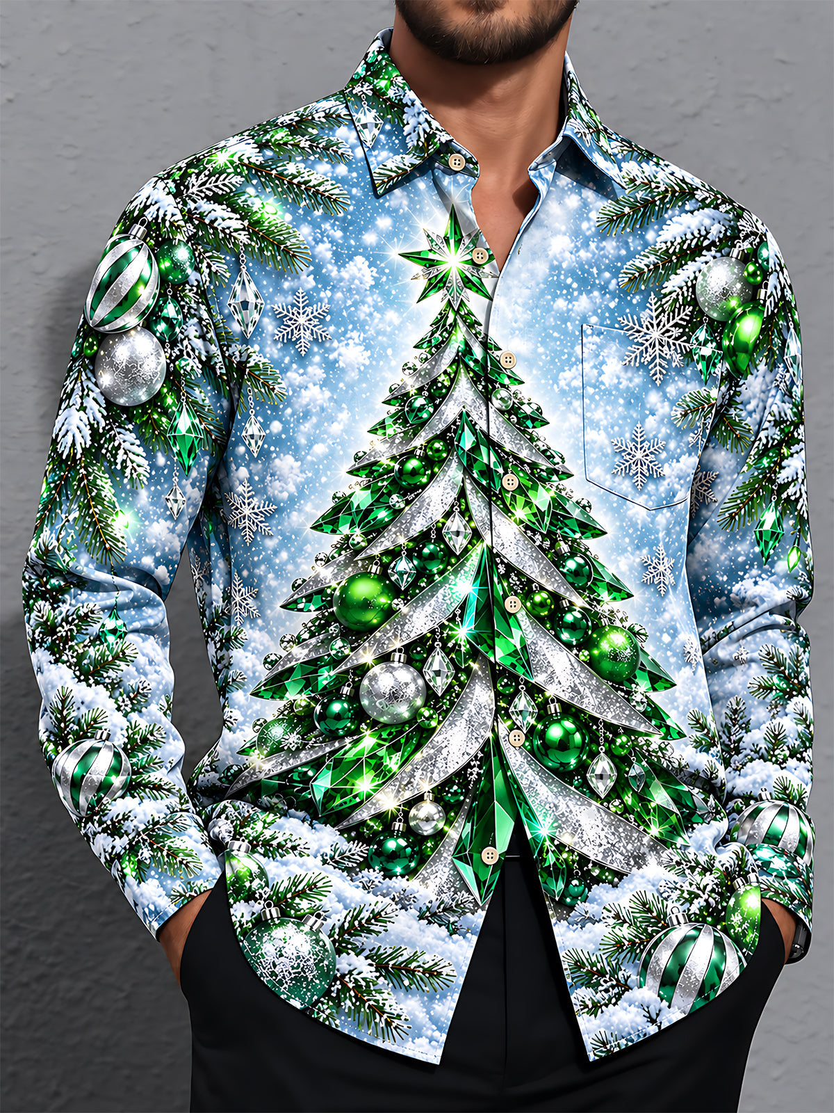Oceanlyte Men's Long Sleeve Shirt - Christmas Tree With Ornaments And Snowflakes Print with Chest Pocket