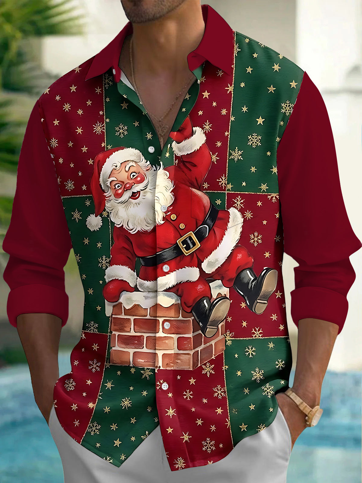 Oceanlyte Men's Printed Santa Claus On Chimney Print Long Sleeve Shirt with Chest Pocket