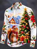 Oceanlyte Men's Squirrel In Santa Hat And Christmas Tree Print Long Sleeve Shirt with Chest Pocket
