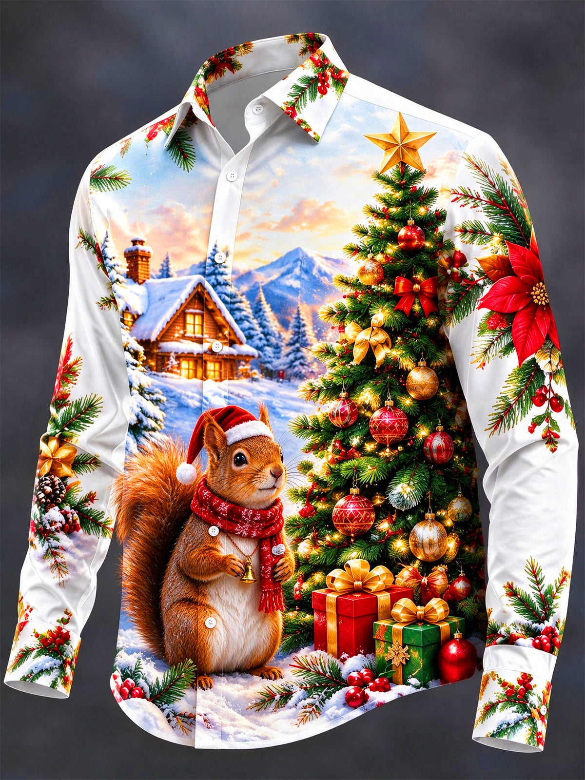 Oceanlyte Men's Squirrel In Santa Hat And Christmas Tree Print Long Sleeve Shirt with Chest Pocket