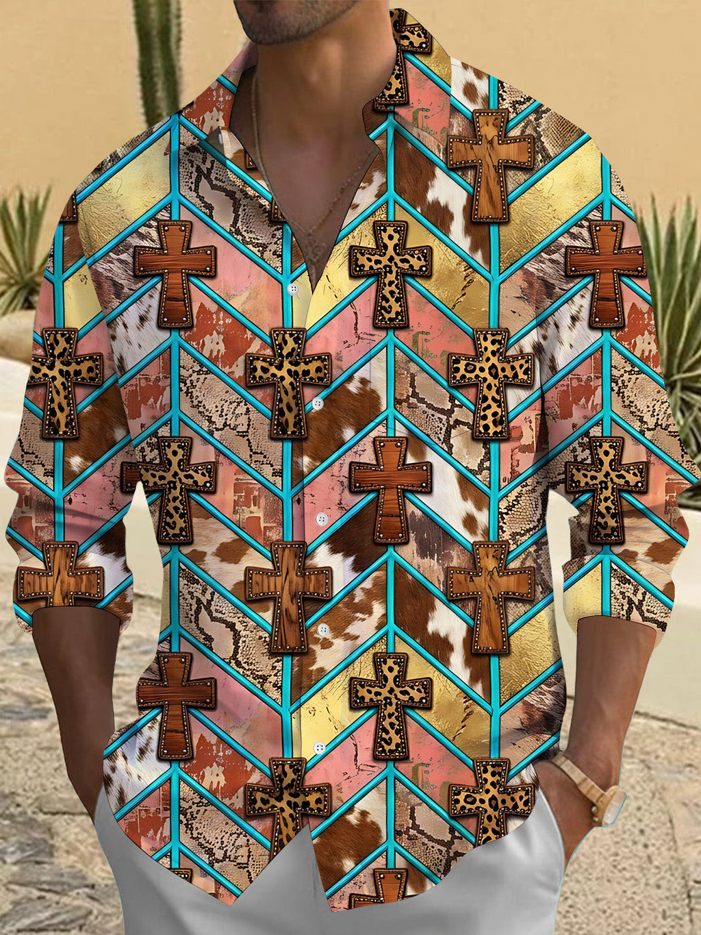 Oceanlyte Men's Long Sleeve Shirt - Crosses With Animal Prints And Geometric Lines Print with Chest Pocket