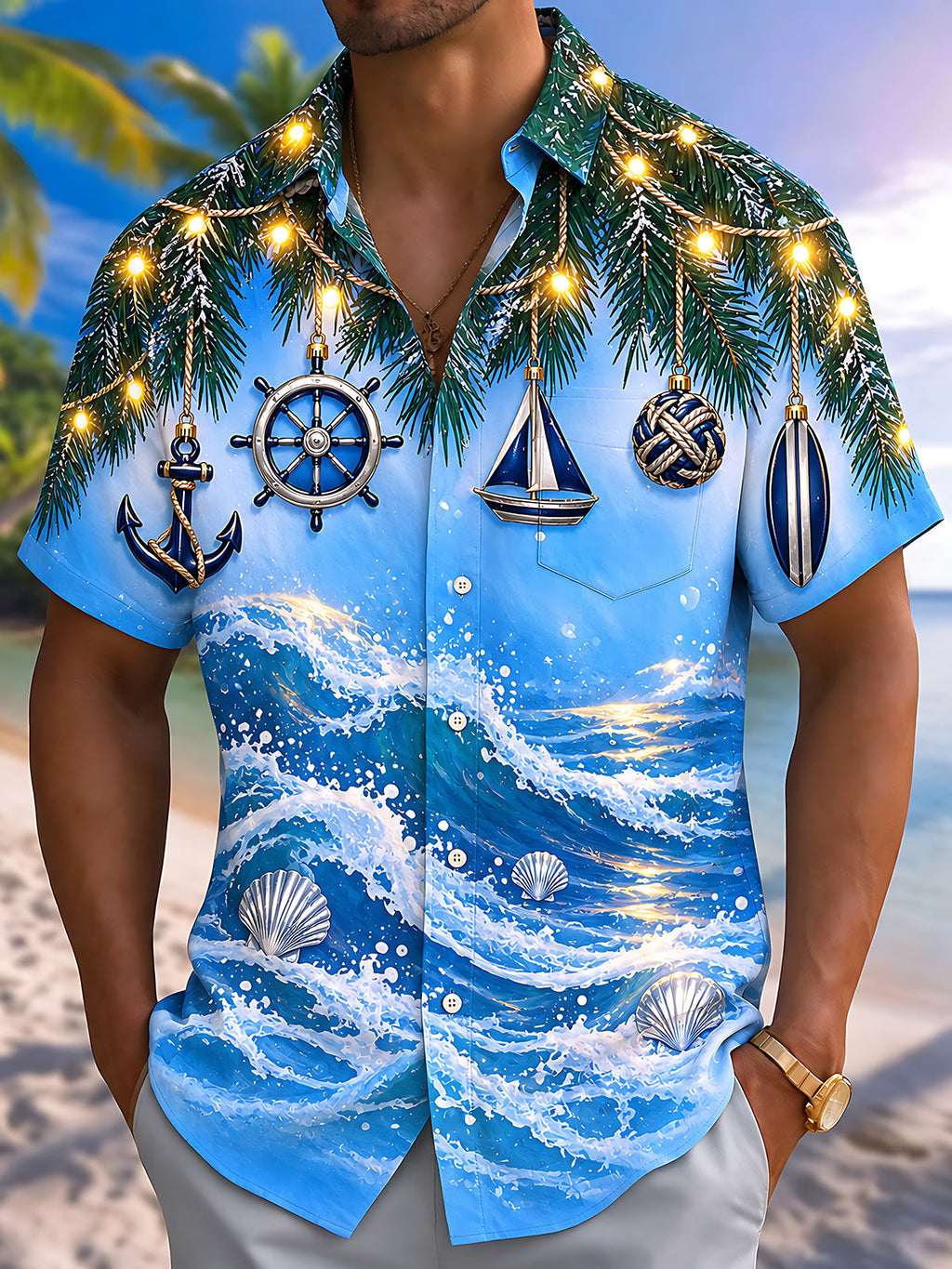 Oceanlyte Men's Short Sleeve Shirt - Christmas Pine Branches And Nautical Ornaments Print with Chest Pocket