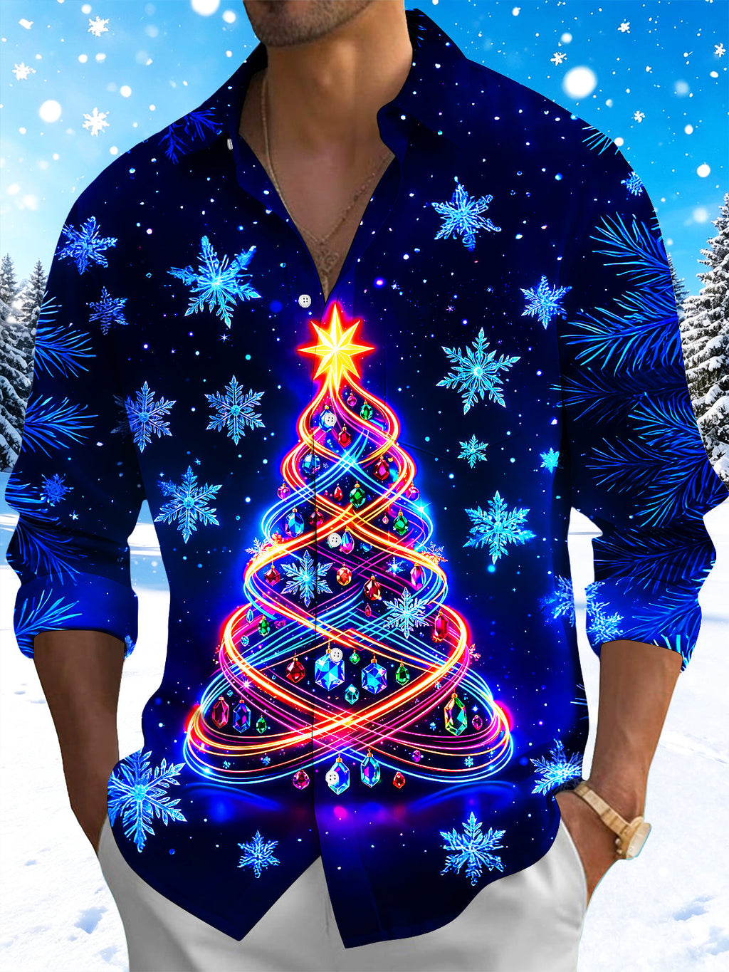 Oceanlyte Men's Long Sleeve Shirt - Neon Light Spiral Christmas Tree With Ornaments Print with Chest Pocket