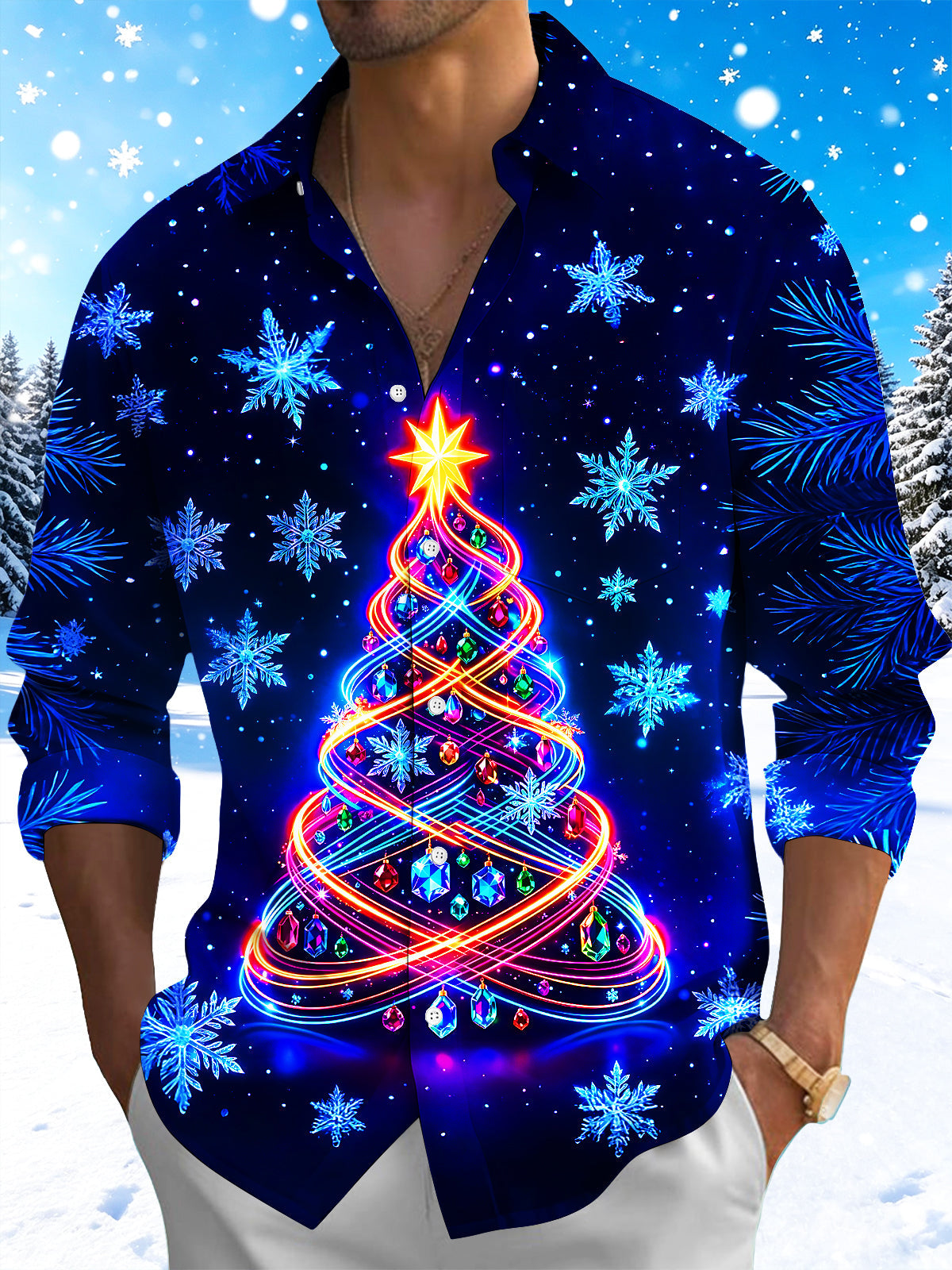 Oceanlyte Men's Long Sleeve Shirt - Neon Light Spiral Christmas Tree With Ornaments Print with Chest Pocket